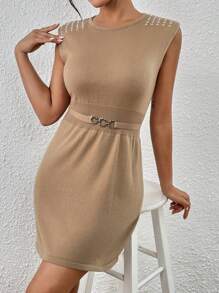 SHEIN LUNE Figurbetontes Strick Kleid mit Kette Detail, - Mokka-Braun - Übersicht 7