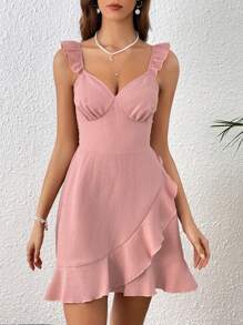 SHEIN VCAY Ruffle Trim Wrap Hem Dress - Dusty Pink - View 3
