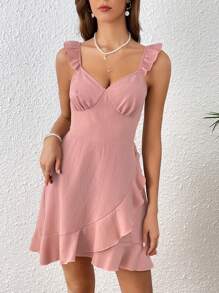 SHEIN VCAY Ruffle Trim Wrap Hem Dress - Dusty Pink - View 4