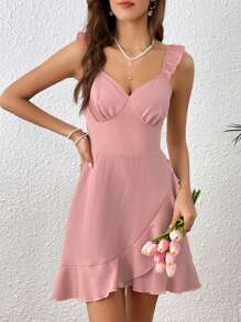 SHEIN VCAY Ruffle Trim Wrap Hem Dress - Dusty Pink - View 1