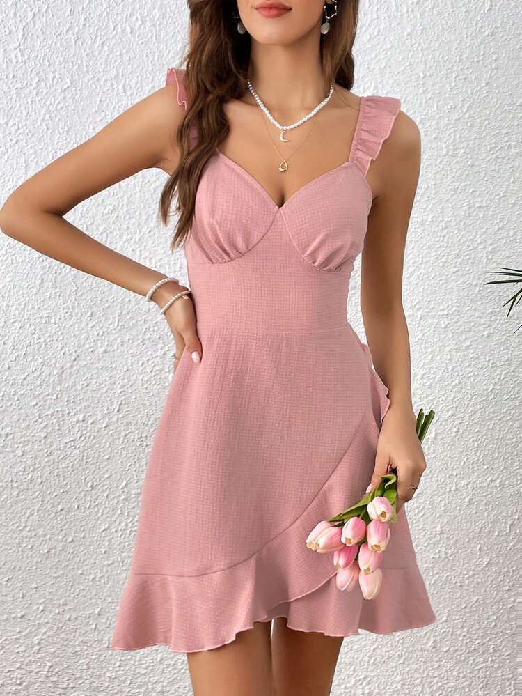 SHEIN VCAY Ruffle Trim Wrap Hem Dress - Dusty Pink - View 1