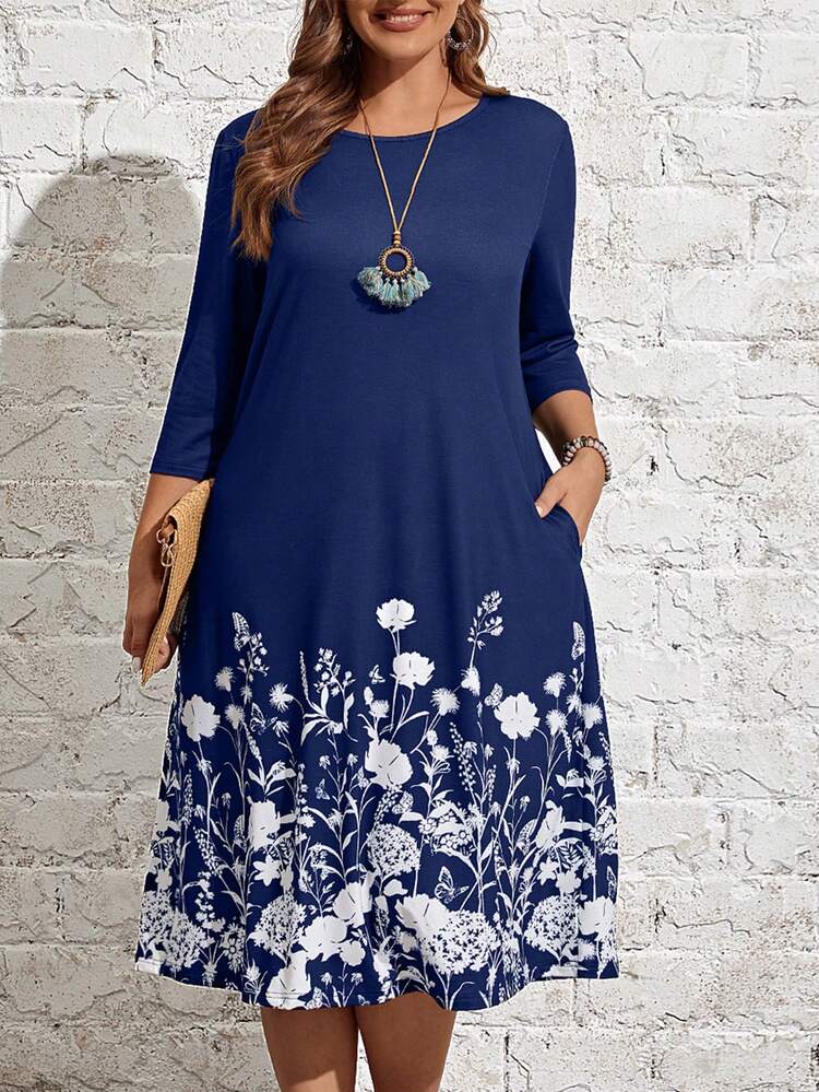 EMERY ROSE Plus Floral Print Hidden Pocket Dress - Blue and White - View 4