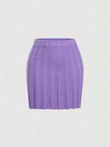 GENKIRA Solid Ribbed Knit Skirt - Purple - View 2