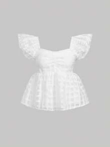 Aveloria Sweetheart Neck Ruffle Trim Ruched Peplum Blouse - White - View 2