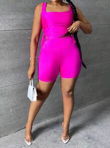 Slaydiva Plus Drawstring Side Tank Top & Biker Shorts - Hot Pink - View 5