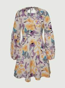SHEIN Unity Floral Print Tie Backless Lantern Sleeve Dress - Multicolor - View 1