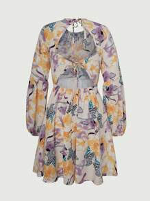 SHEIN Unity Floral Print Tie Backless Lantern Sleeve Dress - Multicolor - View 2