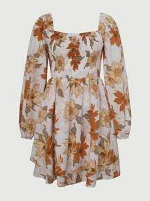 SHEIN Unity Floral Print Square Neck Lantern Sleeve Dress - Apricot - View 1