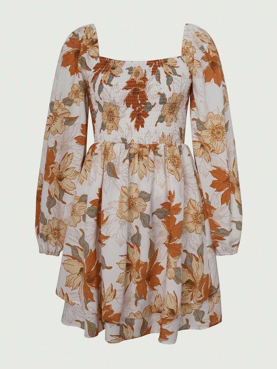 SHEIN Unity Floral Print Square Neck Lantern Sleeve Dress - Apricot - View 1