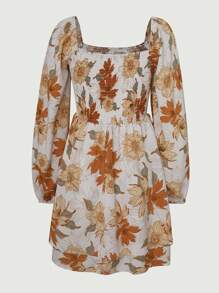SHEIN Unity Floral Print Square Neck Lantern Sleeve Dress - Apricot - View 2