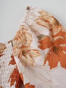 SHEIN Unity Floral Print Square Neck Lantern Sleeve Dress - Apricot - View 3