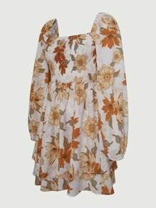 SHEIN Unity Floral Print Square Neck Lantern Sleeve Dress - Apricot - View 6