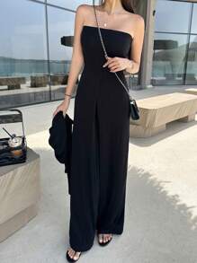 DAZY 素色闊腿抹胸連體褲 - 黑色 - 查看 1