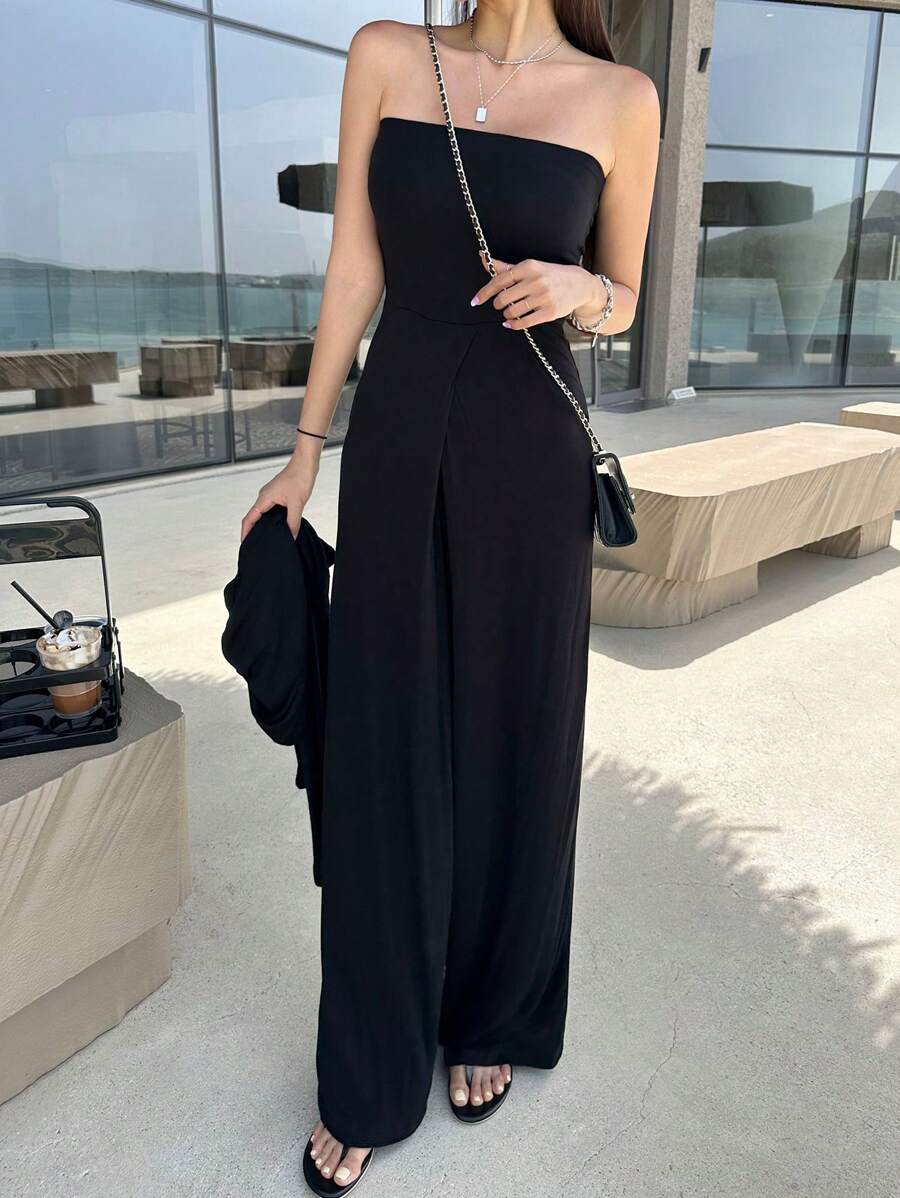 DAZY 素色闊腿抹胸連體褲 - 黑色 - 查看 1