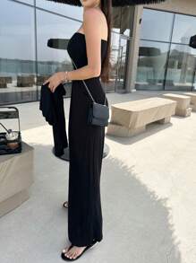 DAZY 素色闊腿抹胸連體褲 - 黑色 - 查看 2
