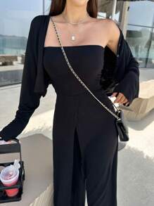 DAZY 素色闊腿抹胸連體褲 - 黑色 - 查看 3