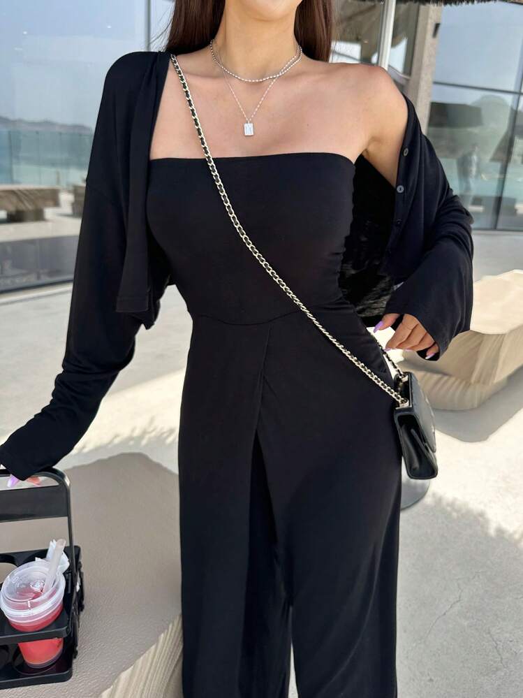 DAZY 無地柄 ワイドレッグ チューブジャンプスーツ | SHEIN JAPAN