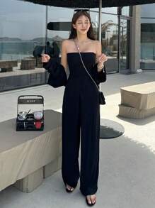 DAZY 素色闊腿抹胸連體褲 - 黑色 - 查看 4