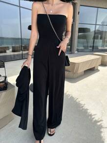 DAZY 素色闊腿抹胸連體褲 - 黑色 - 查看 5