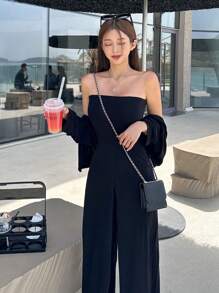 DAZY 素色闊腿抹胸連體褲 - 黑色 - 查看 6