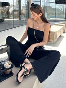 DAZY 素色闊腿抹胸連體褲 - 黑色 - 查看 7