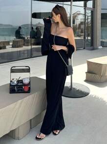 DAZY 素色闊腿抹胸連體褲 - 黑色 - 查看 8