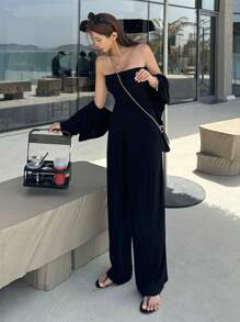 DAZY 素色闊腿抹胸連體褲 - 黑色 - 查看 9