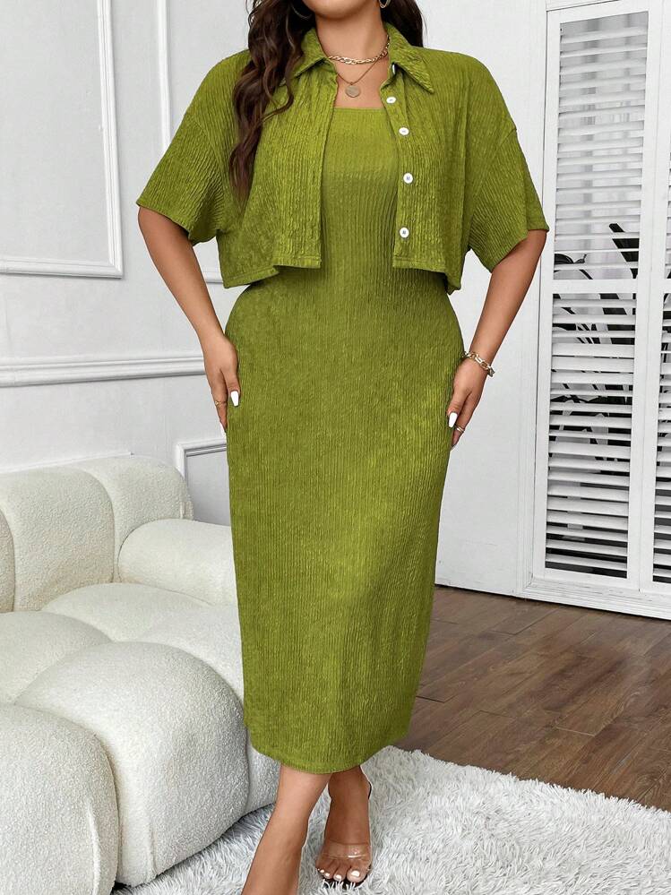 Celure Talla grande Blusa de hombros caídos & Vestido tubo - Verde Oliva - Añade 5