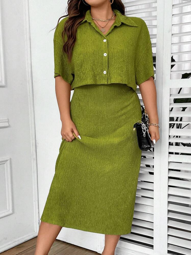 Celure Talla grande Blusa de hombros caídos & Vestido tubo - Verde Oliva - Añade 7