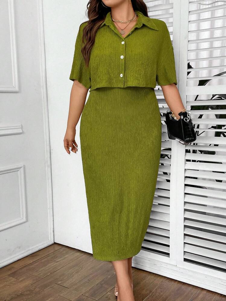 Celure Talla grande Blusa de hombros caídos & Vestido tubo - Verde Oliva - Añade 8