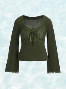 ROMWE Fairycore 蕾絲拼接前繫帶T恤 - 軍綠色 - 查看 1