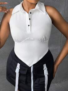 SHEIN SXY 大碼半排扣手帕下擺背心上衣 - 白色 - 查看 4