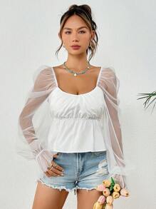 SHEIN VCAY Contrast Mesh Flounce Sleeve Peplum Blouse