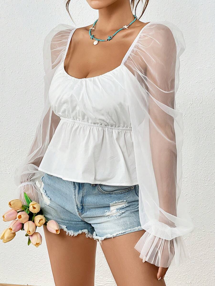 SHEIN VCAY Contrast Mesh Flounce Sleeve Peplum Blouse