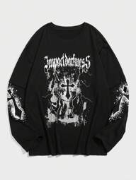 ROMWE MEN Goth Men Cross Letter Graphic Tee For Halloween, School, For Fall, Long Sleeve Top