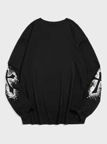 ROMWE MEN Goth 男士十字字母图案T恤，适合万圣节、上学、秋季穿着，长袖上衣