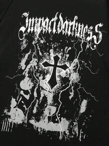 ROMWE MEN Goth 男士十字字母图案T恤，适合万圣节、上学、秋季穿着，长袖上衣