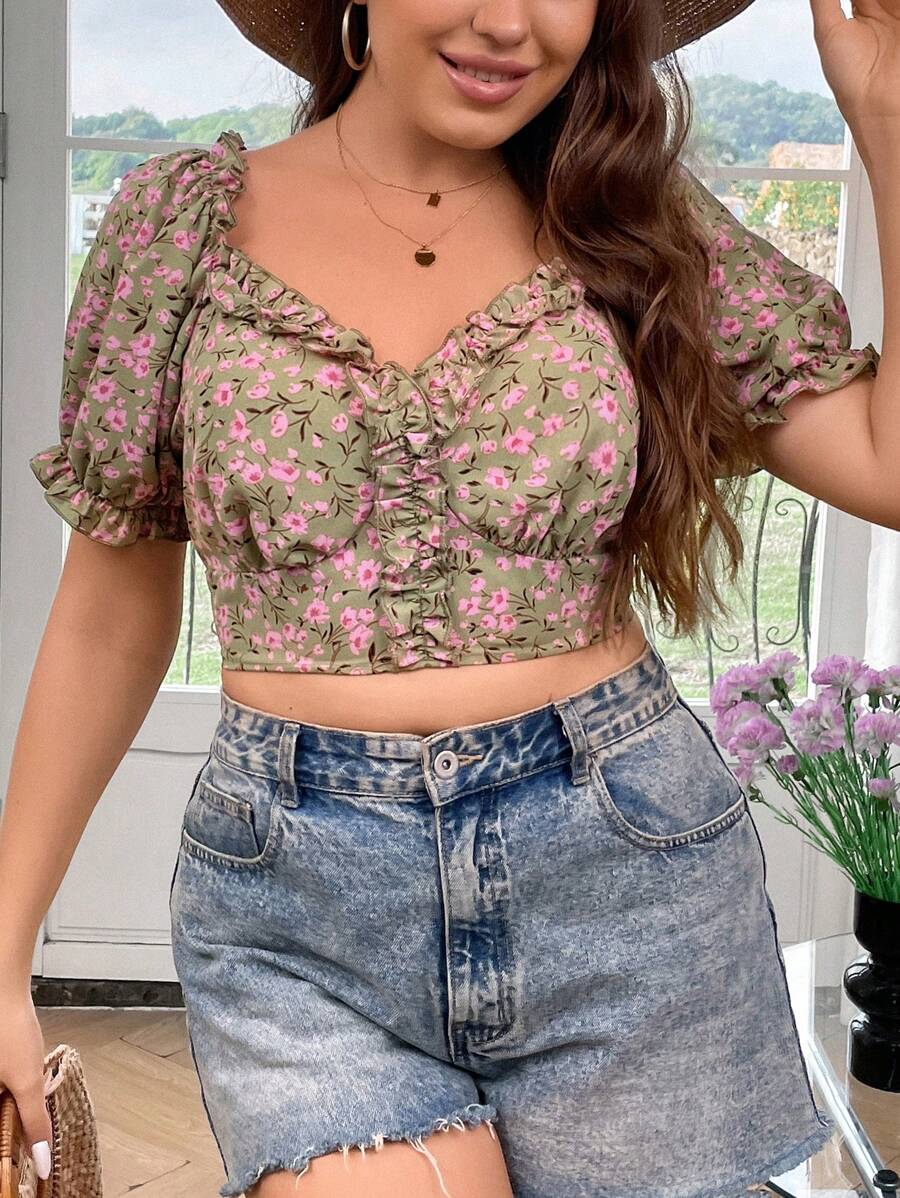 Flirla 大碼印花褶邊泡泡袖短款襯衫 - 彩色 - 查看 1