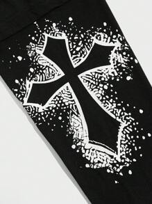 ROMWE MEN Goth 男士十字字母图案T恤，适合万圣节、上学、秋季穿着，长袖上衣