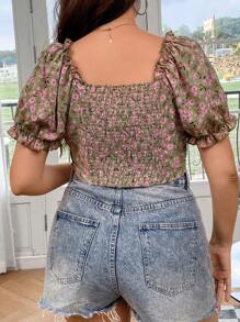 Flirla 大碼印花褶邊泡泡袖短款襯衫 - 彩色 - 查看 2