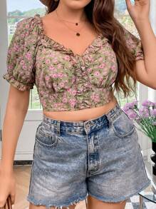 Flirla 大碼印花褶邊泡泡袖短款襯衫 - 彩色 - 查看 3