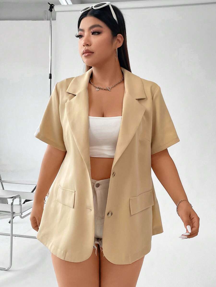 Flirla 大碼西裝領翻蓋細節西裝外套 - 杏色 - 查看 1