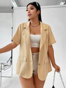 Flirla 大碼西裝領翻蓋細節西裝外套 - 杏色 - 查看 4