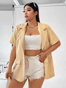 Flirla 大碼西裝領翻蓋細節西裝外套 - 杏色 - 查看 5