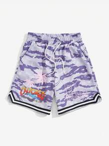 ROMWE MEN Street Life Guys Camo & Letter Graphic Striped Trim Drawstring Waist Shorts - Multicolor - View 1