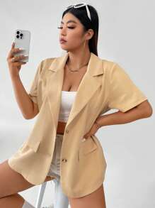 Flirla 大碼西裝領翻蓋細節西裝外套 - 杏色 - 查看 6