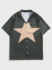 ROMWE MEN Prep Guys Star Print Lapel Collar Shirt - Dark Green - View 1