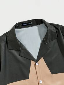 ROMWE MEN Prep Guys Star Print Lapel Collar Shirt - Dark Green - View 4