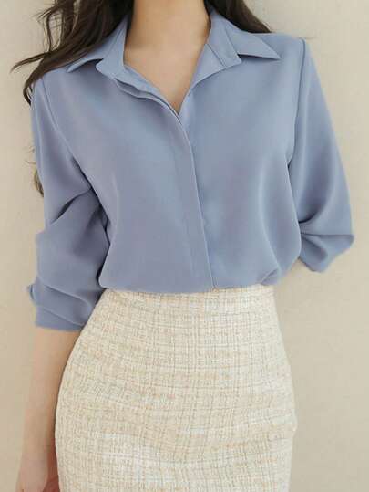 DAZY Women's Solid Color Long Sleeve Casual Business Shirt For Autumn,Long Sleeve Tops