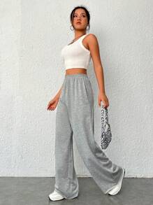 SHEIN EZwear 素色斜口袋闊腿衛褲 - 淺灰色 - 查看 6